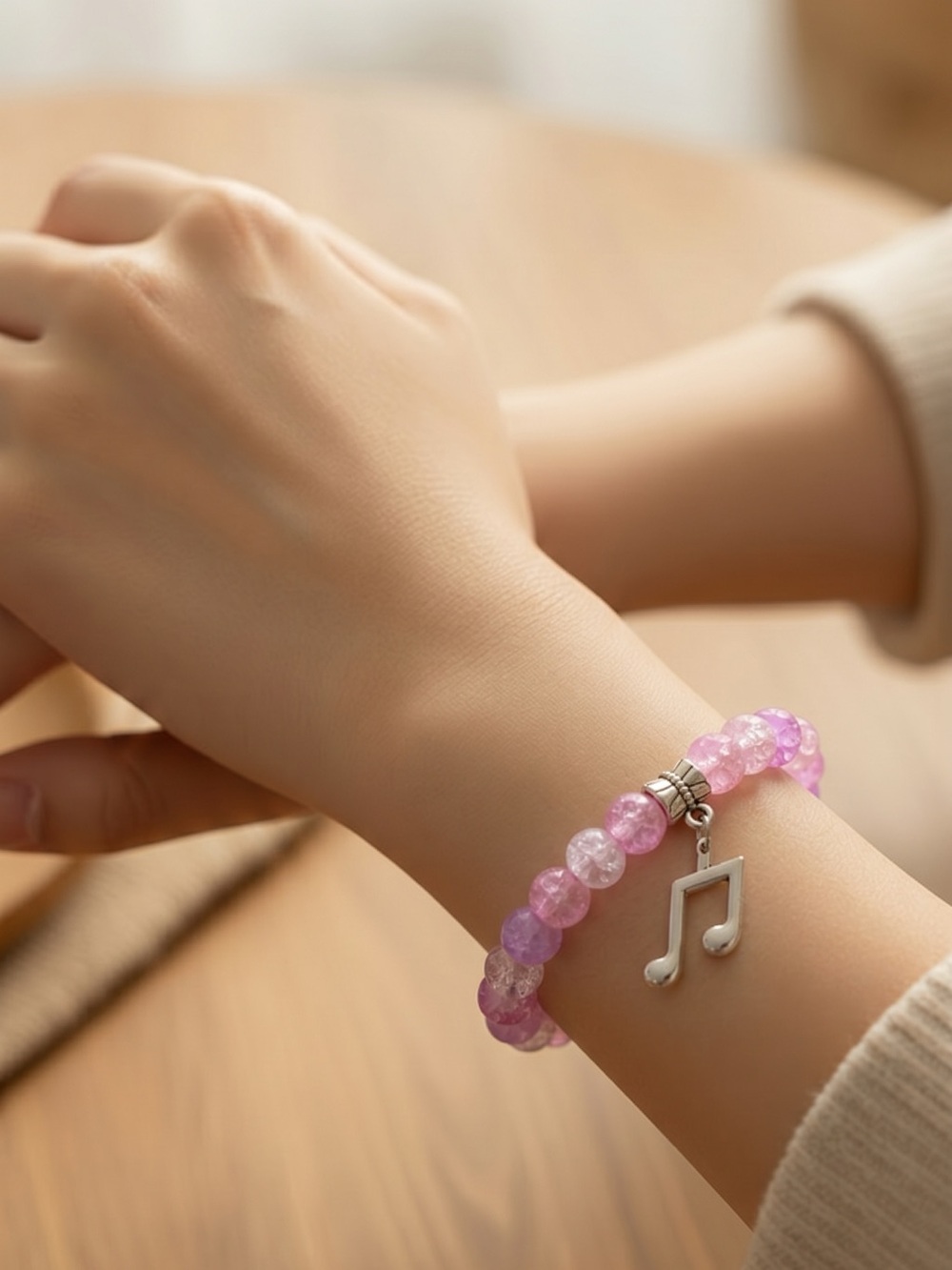 Pink Beaded Bracelet with Music Note Charm - Women's Jewelry